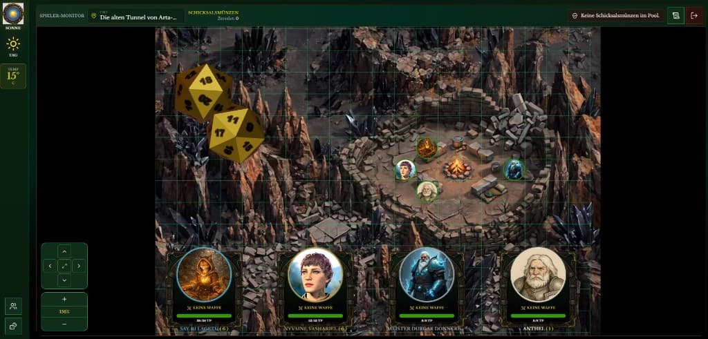 Battlemap mit 3D-Würfeln, Tokens und Spielermonitor